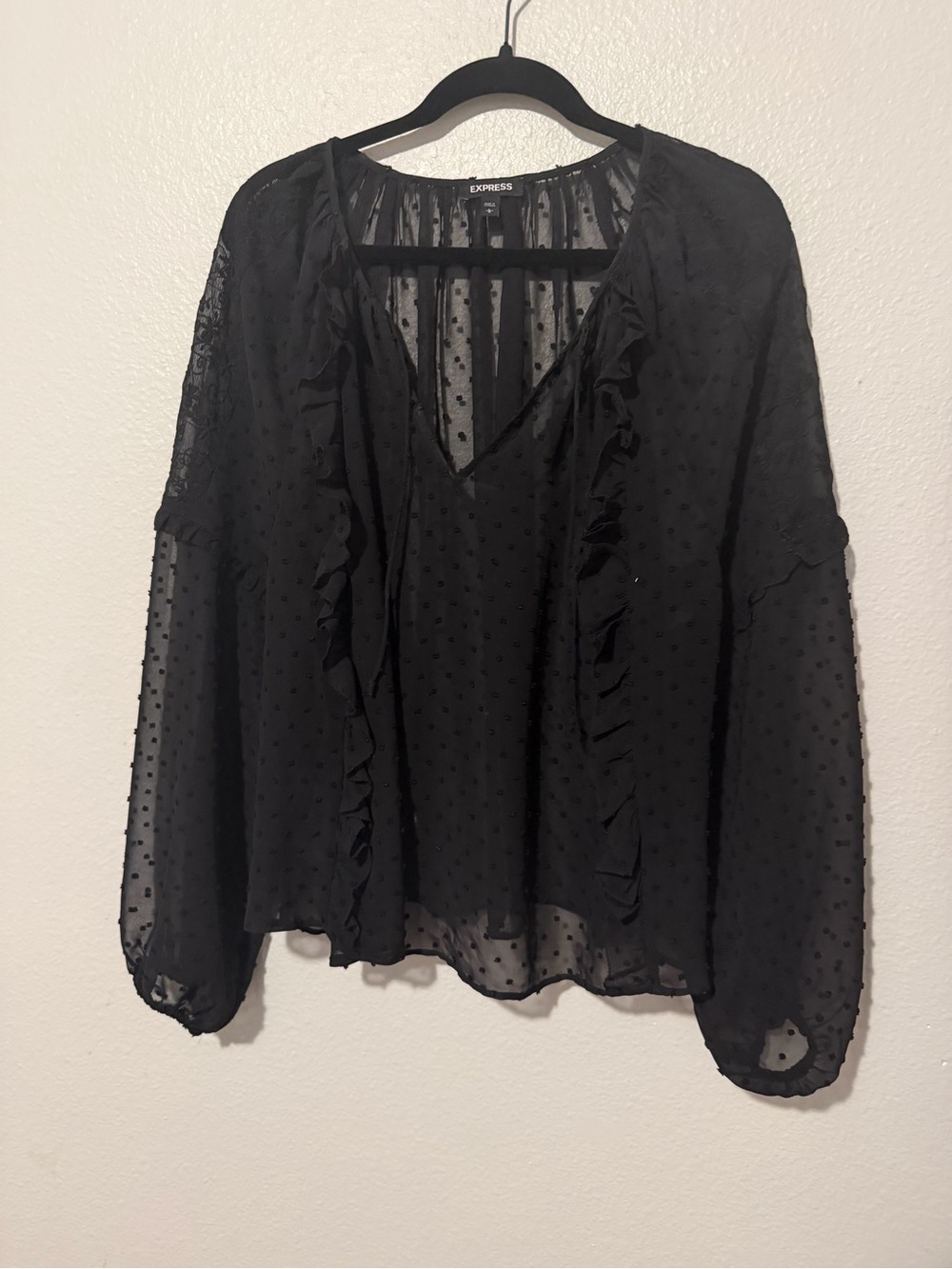 Express Black Sheer Swiss Dot Ruffle V-Neck Blouse
